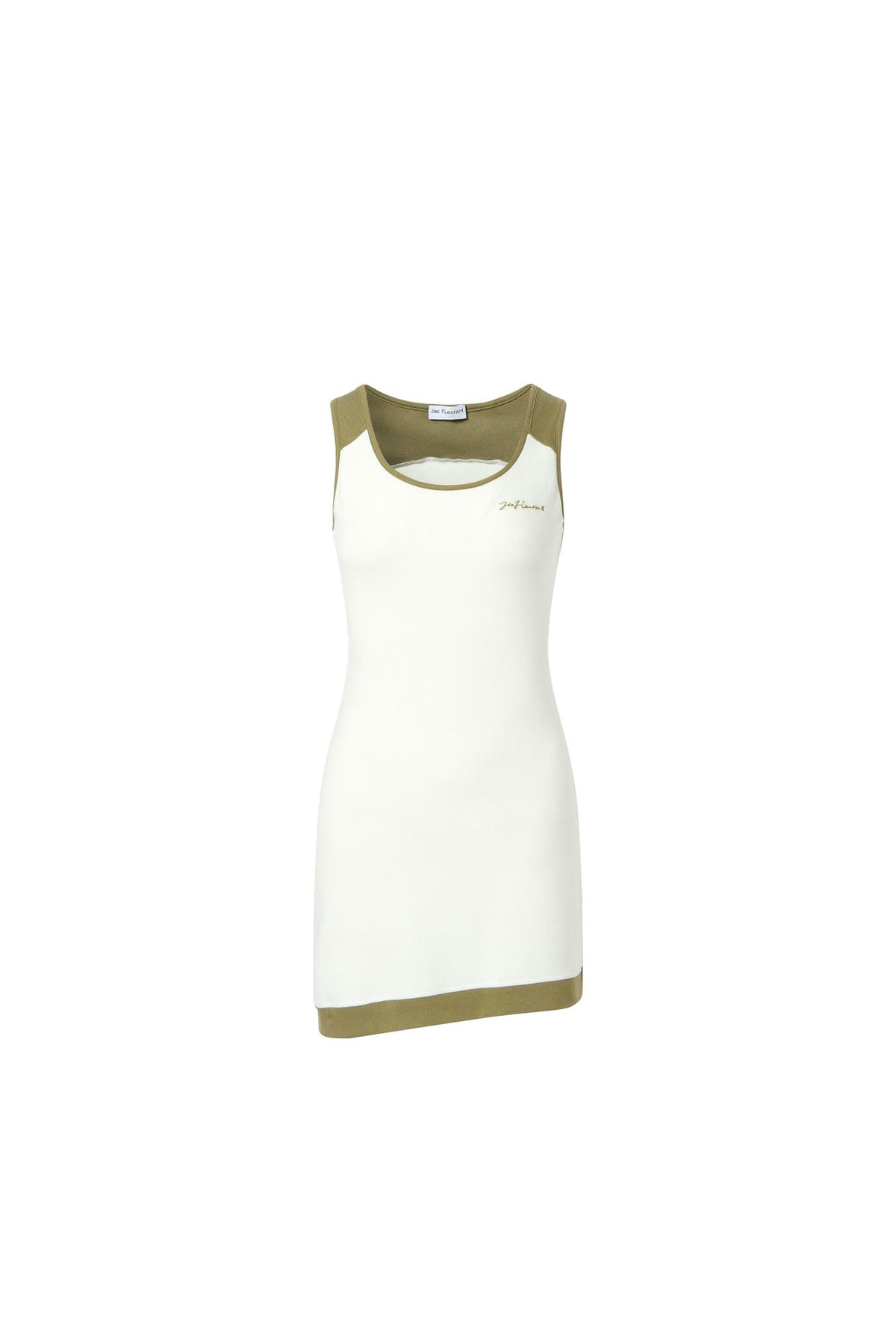Avocado green spliced white embroidery logo asymmetric hem sleeveless dress