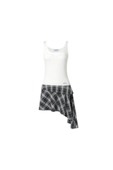 Plaid spliced uneven hem flutter sash dress