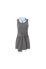 Contrast Collar Fake Two-Layer Wrap Tie-Back Sleeveless Dress