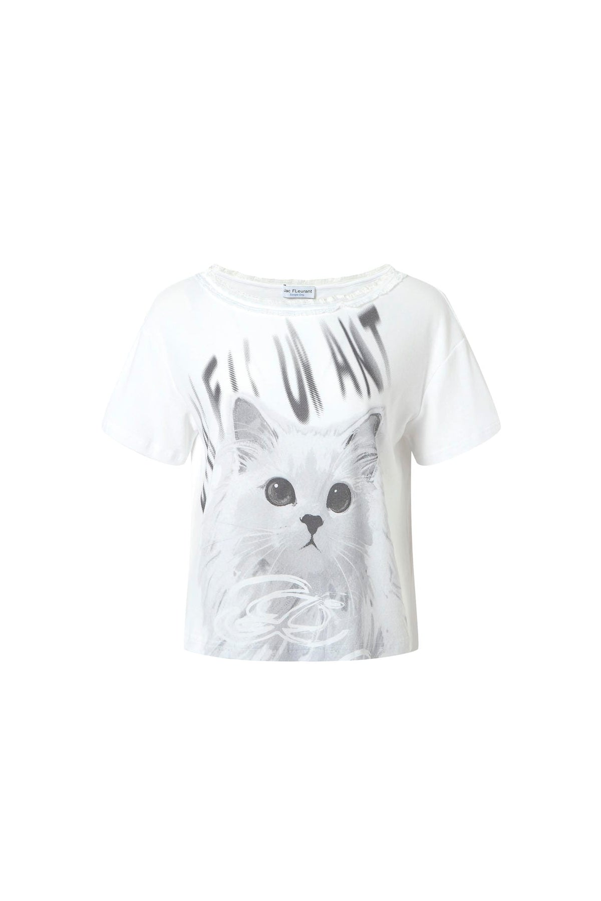 Cat Print Lace-Trim Ruffle-Short-Sleeve Top