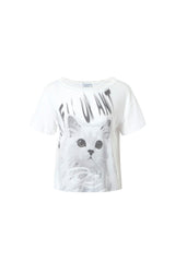 Cat Print Lace-Trim Ruffle-Short-Sleeve Top