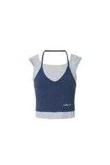 Blue-gray faux two-layer halter neck top