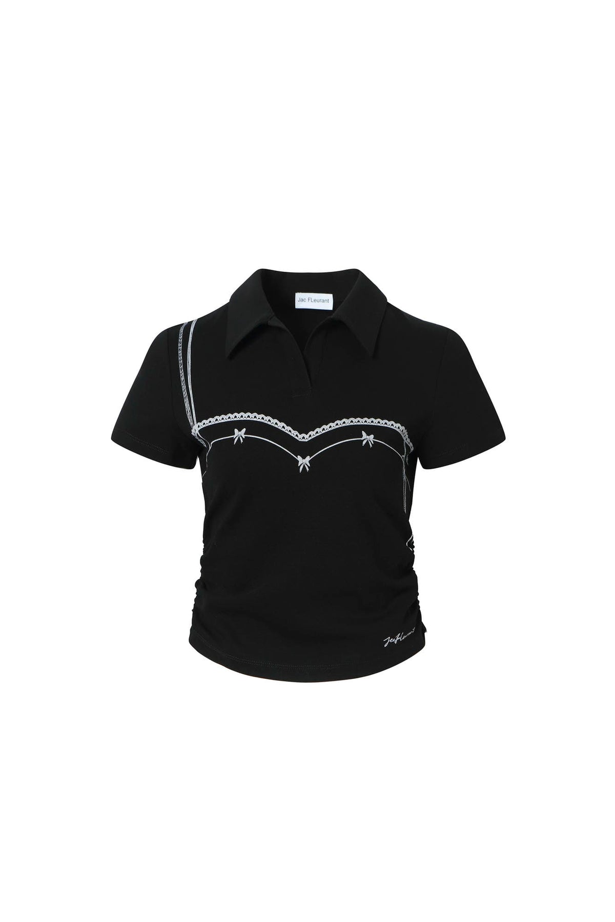 Lace Strap Color-Block Embroidered Pleated Polo Top
