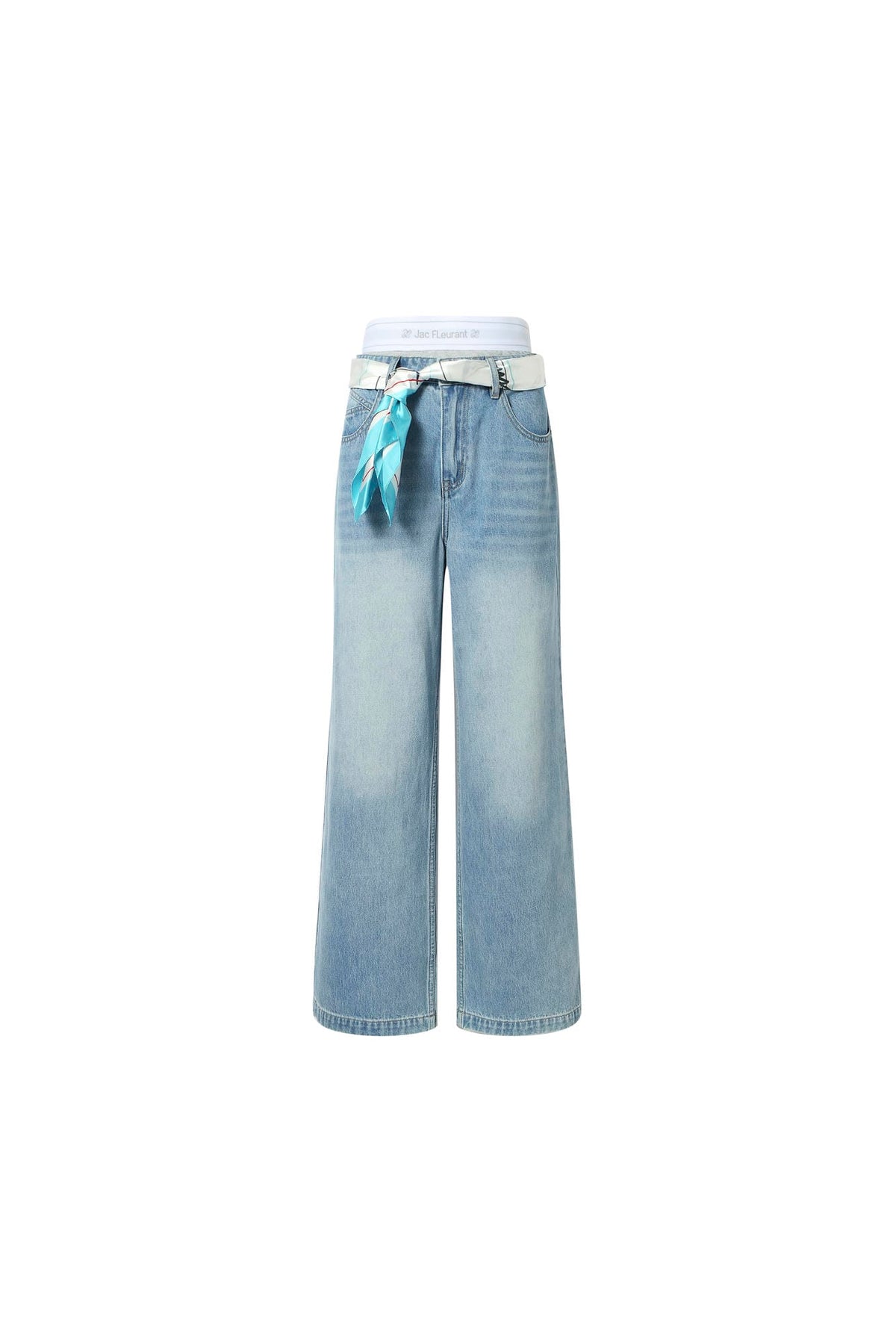 Scarf Print Logo Wrap Tie Fake Two-Piece Waist Straight-Leg Jeans