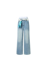 Scarf Print Logo Wrap Tie Fake Two-Piece Waist Straight-Leg Jeans