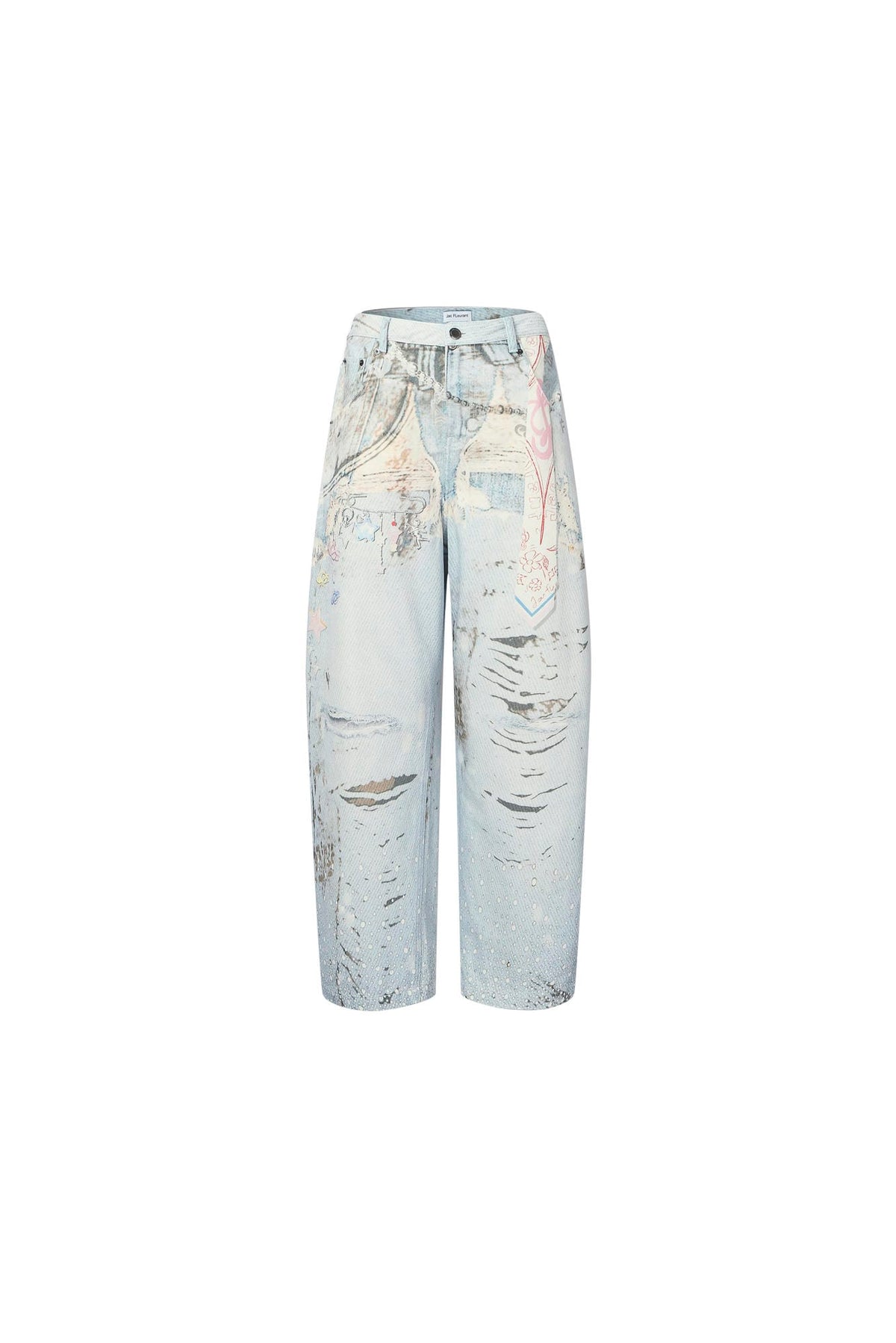 3D graffiti print curved-blade jeans