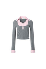 Grey Knit Shirt with Patchwork Square Collar Top