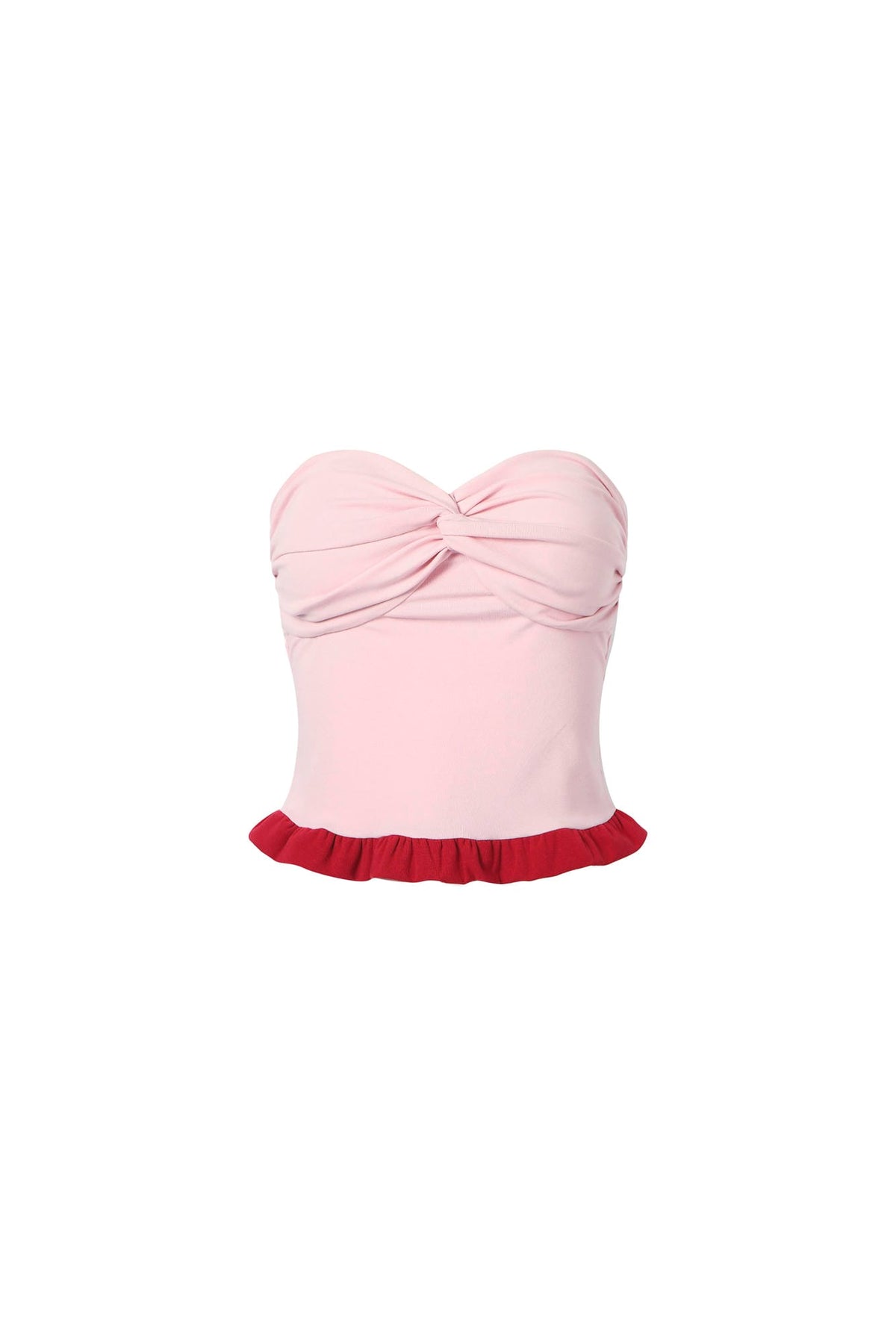 Pink colorblock knot ruffle bustier top