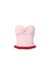 Pink colorblock knot ruffle bustier top