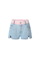 Pink Waistband Patchwork Blue Denim Shorts
