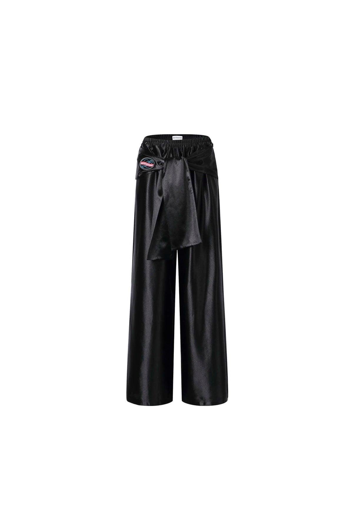 Embroidered Patch Logo Tie Detail Shiny Wide-Leg Cargo Pants