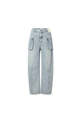 Blue Washed Cargo Pocket Curved-Leg Jeans