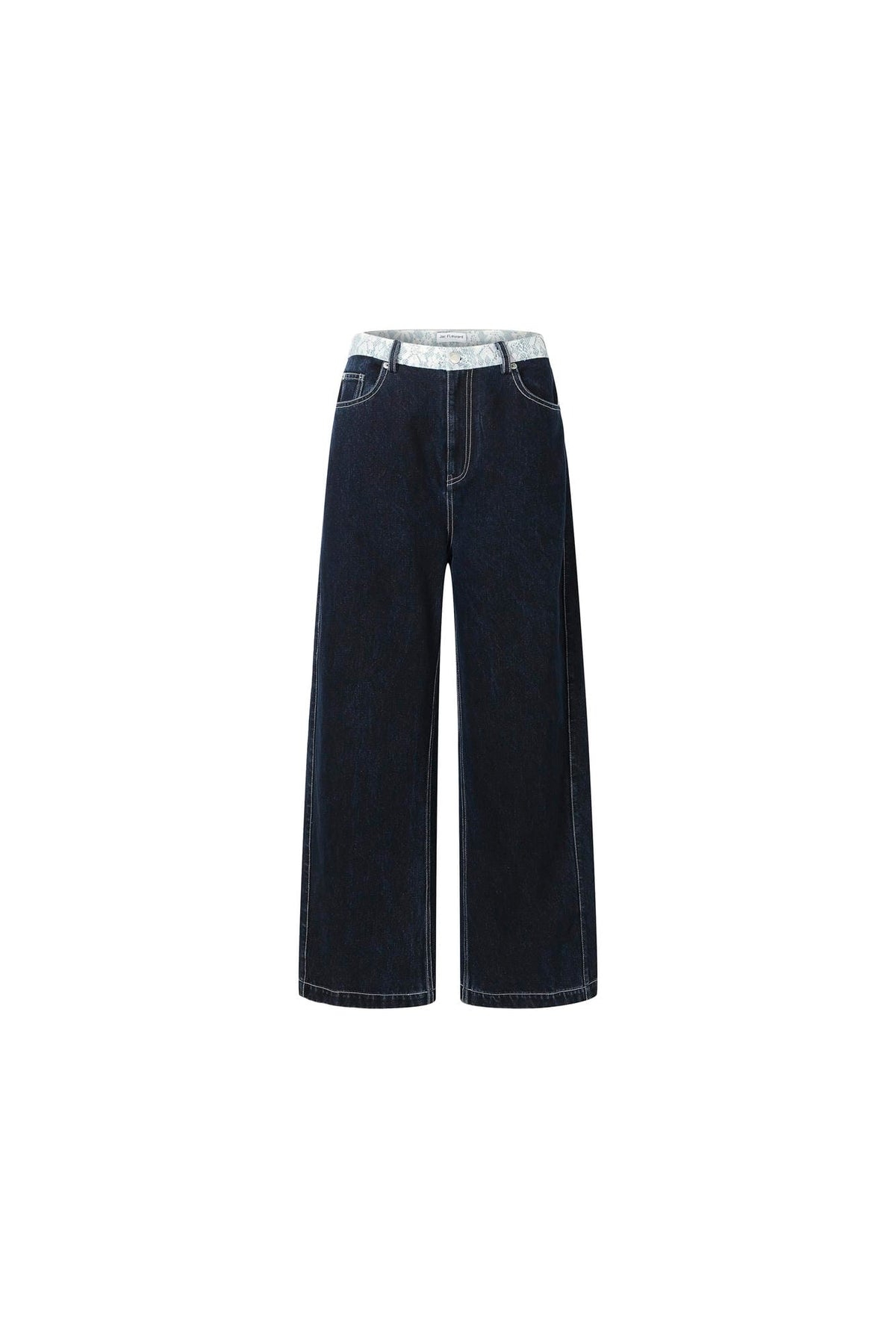 Lace waistband spliced raw-edge straight-leg jeans