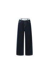 Lace waistband spliced raw-edge straight-leg jeans