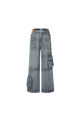 Blue Washed Cargo Pocket Webbing Jeans