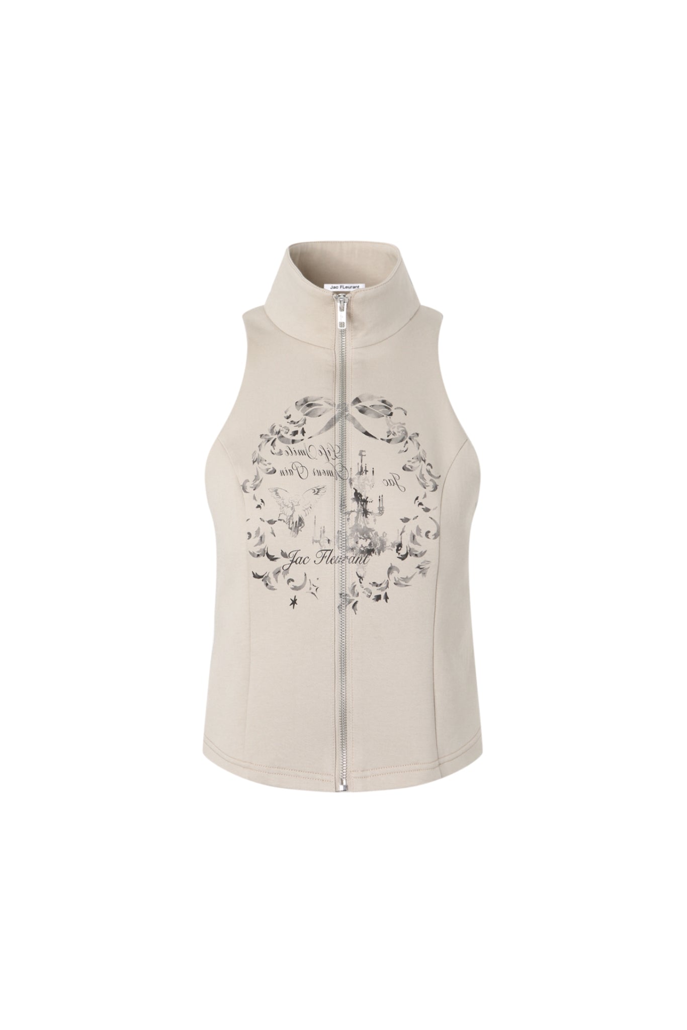Khaki Print Sleeveless Zip-Up Top