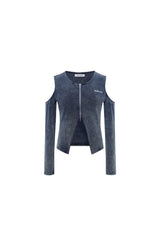 Waterwash Deep Blue Knit Denim Cold Shoulder Top - Set