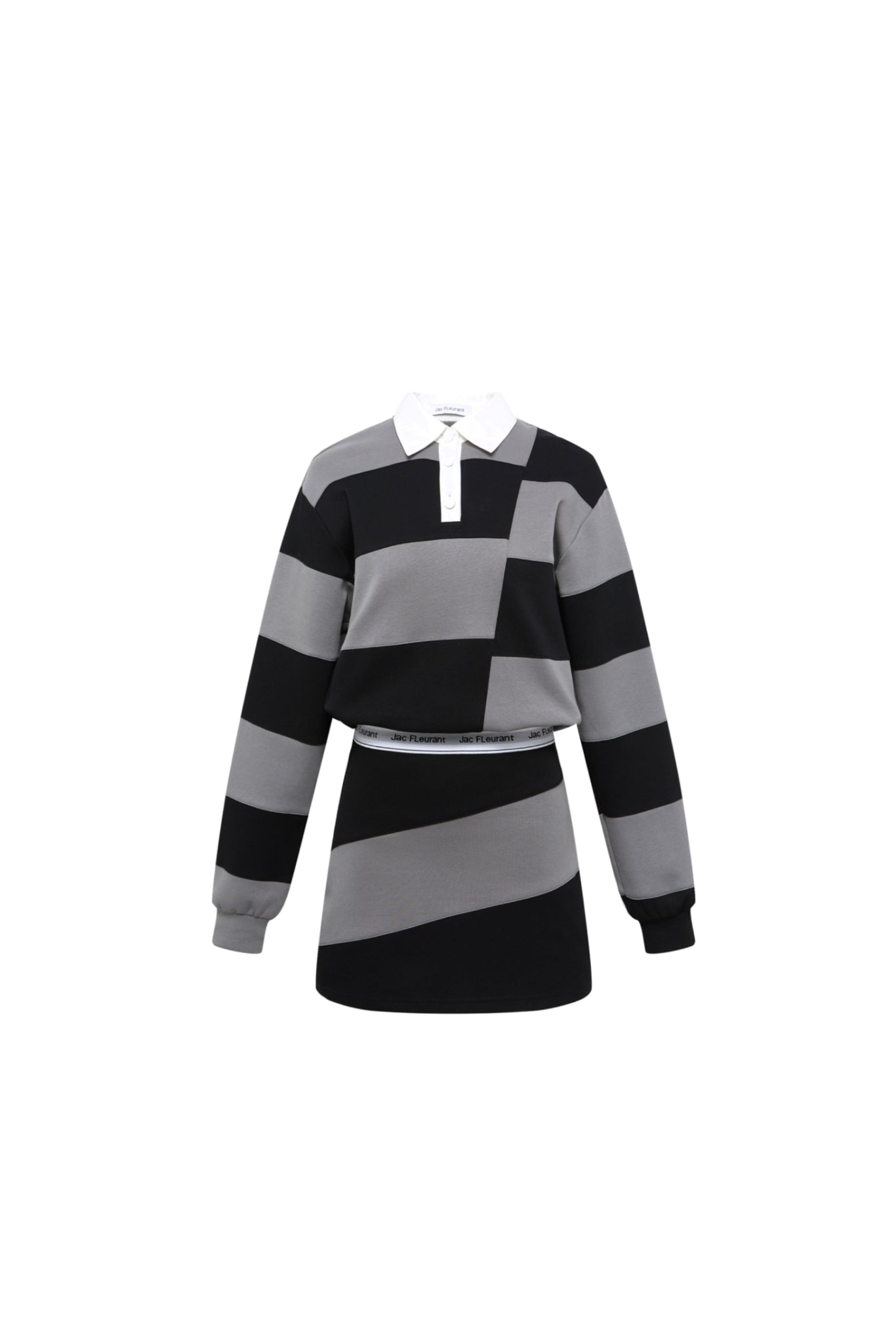 Black & Grey Striped Elastic Ribbing Polo Dress