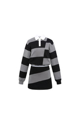 Black & Grey Striped Elastic Ribbing Polo Dress