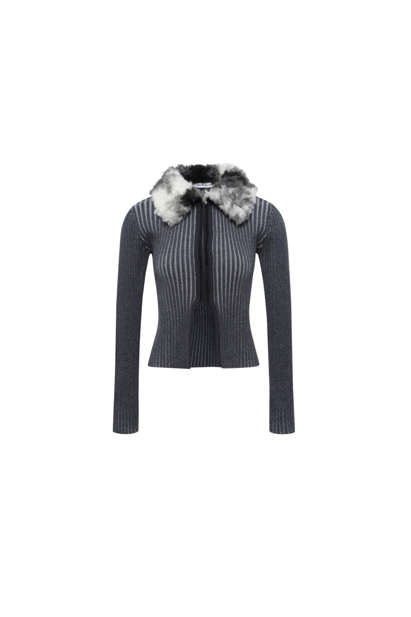 Grey Striped Fur Collar Knit Top