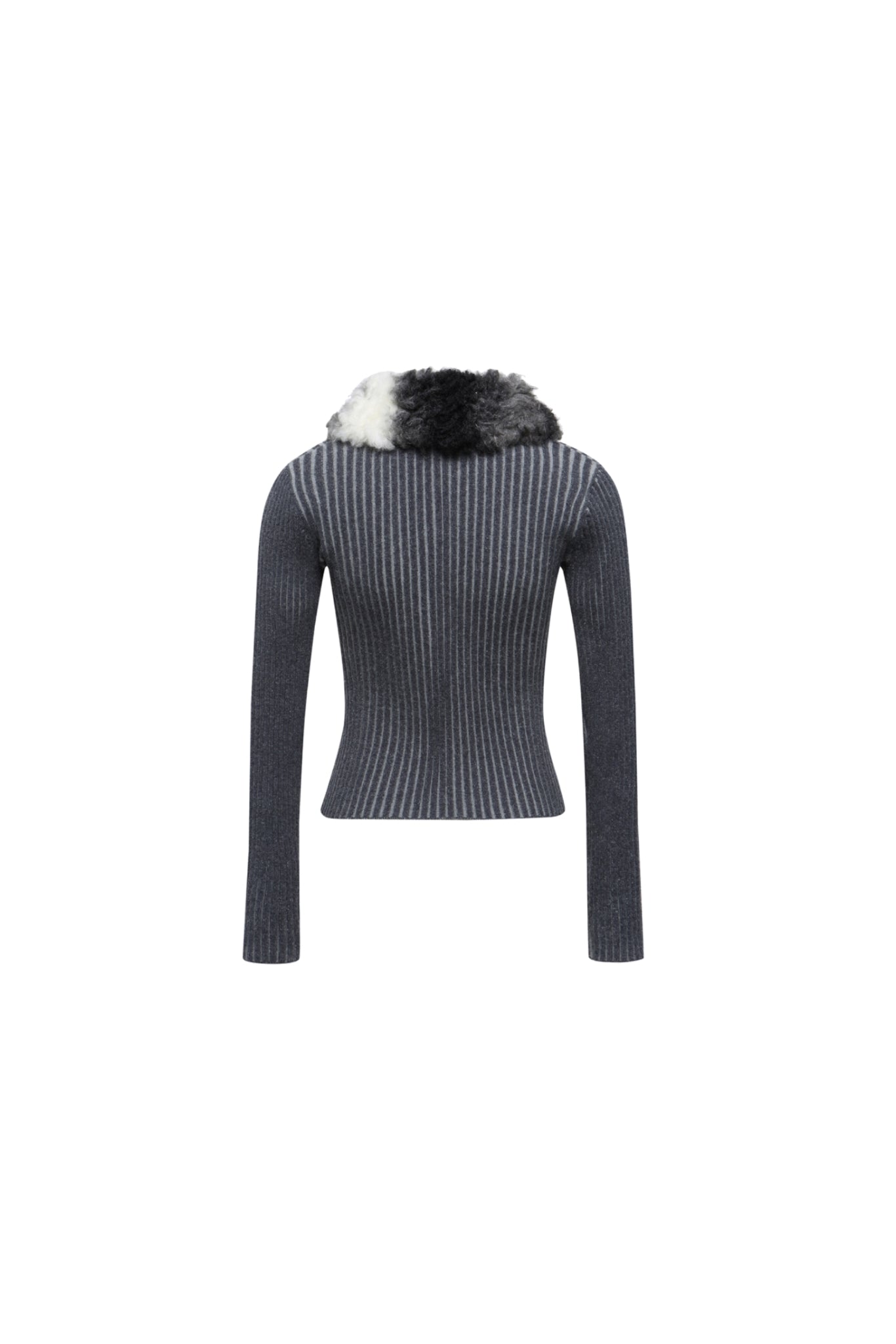 Grey Striped Fur Collar Knit Top