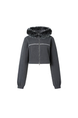 Grey Hood with Fur Trim and Webbing Trim Wool Blend Zip Coat