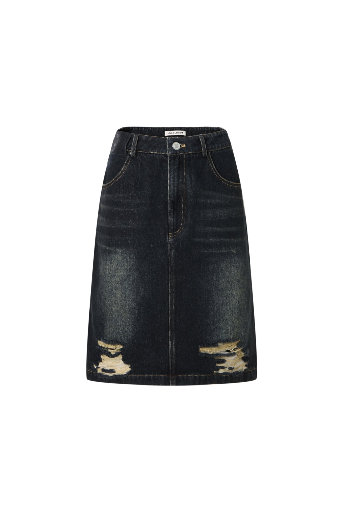 Blue-Grey Washed Denim Ripped Midi Skirt