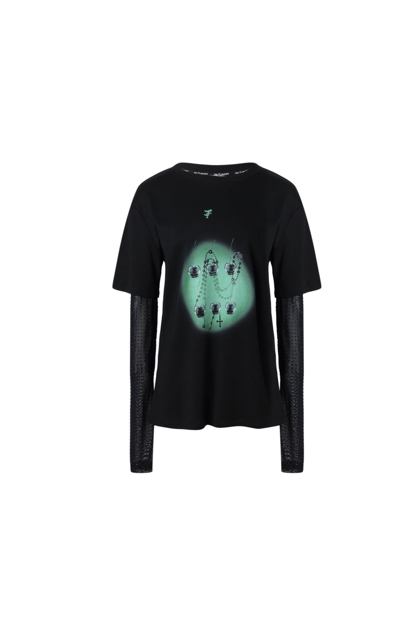 False Two-Piece Crystal Mesh Sleeve Print Long Sleeve