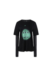 False Two-Piece Crystal Mesh Sleeve Print Long Sleeve
