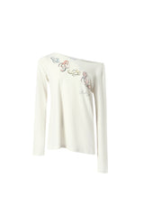One-Shoulder Logo Print Long Sleeve Top