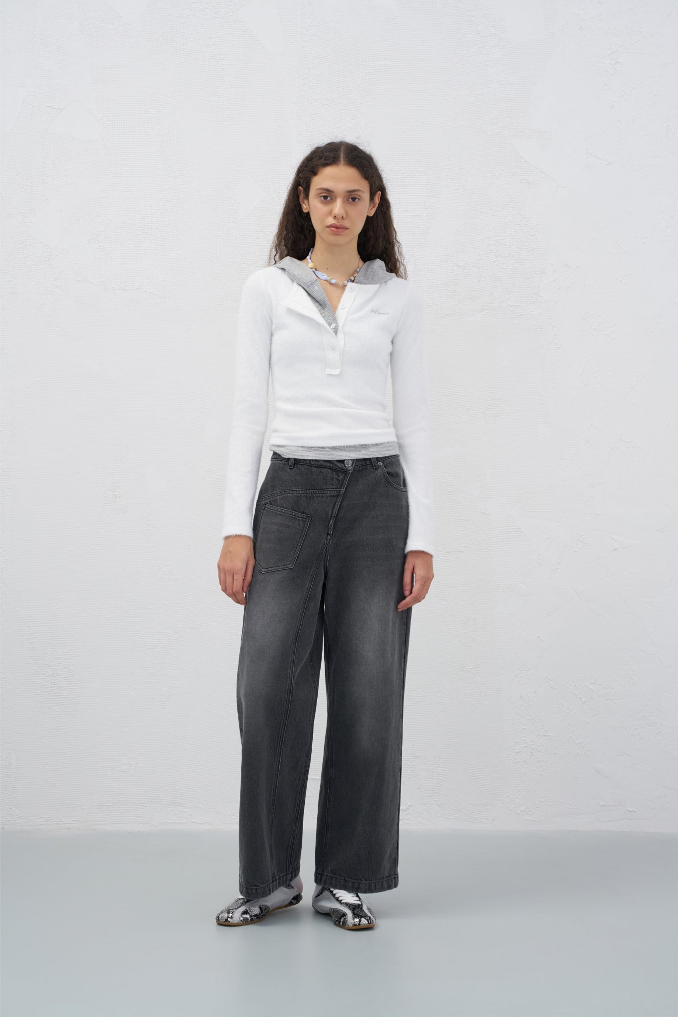Grey & Black Asymmetric Seam Straight Leg Jeans