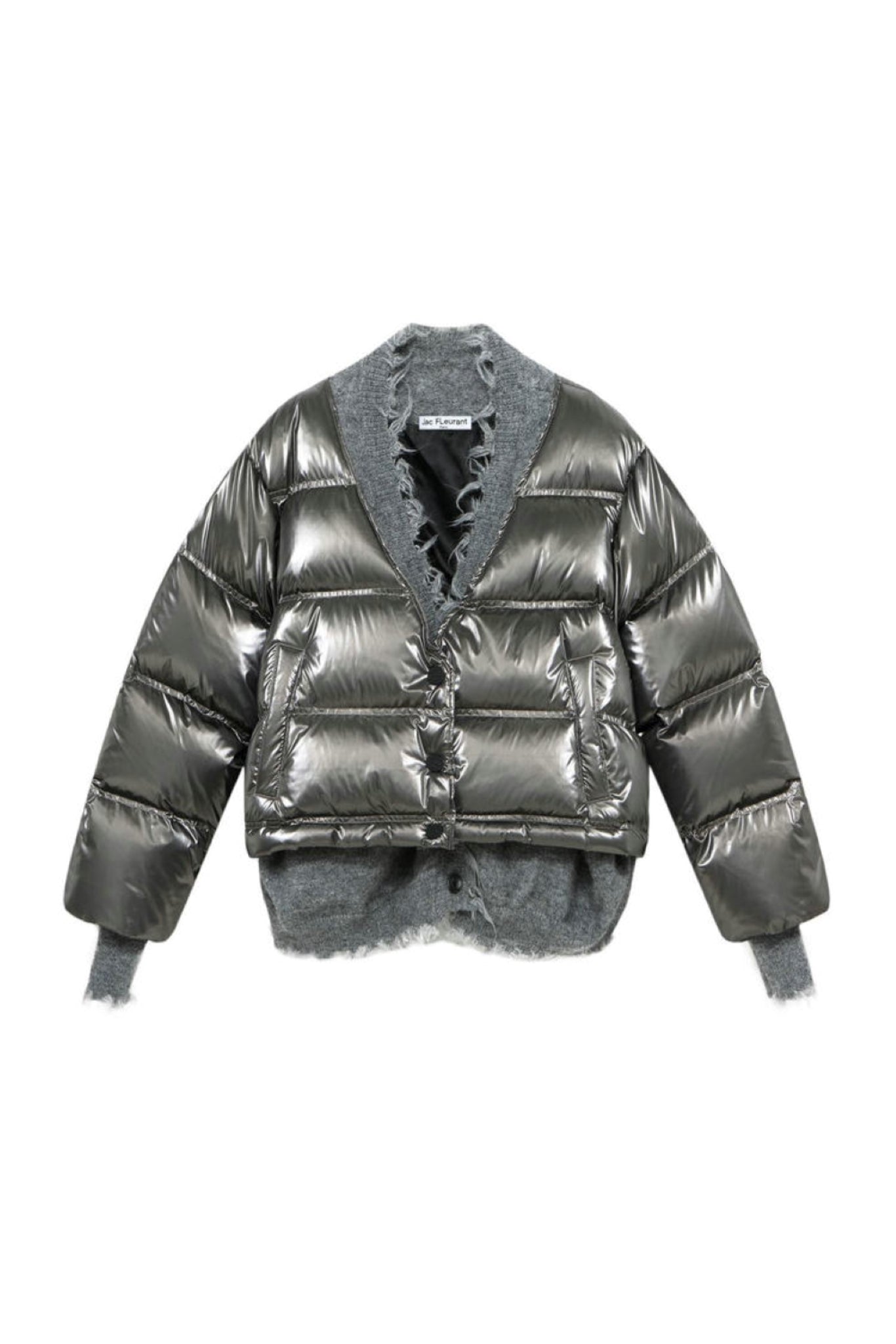 Grey Panel Destroyed Knit False Two-Piece Puffer