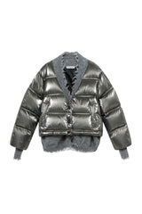 Grey Panel Destroyed Knit False Two-Piece Puffer