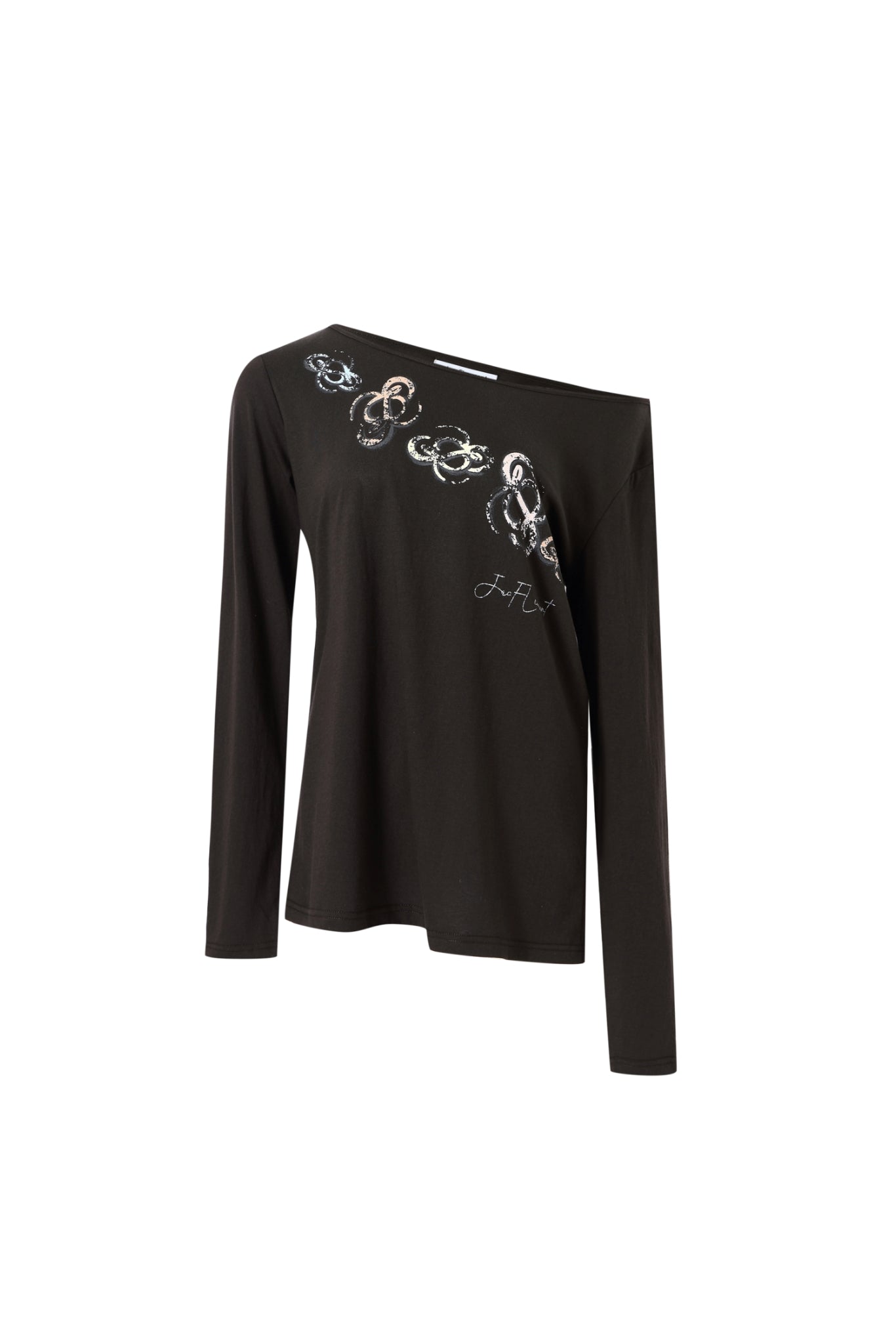 Caramel One-Shoulder Logo Print Long Sleeve Top