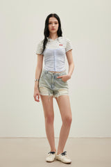 Faux two-layer striped spliced hooded short-sleeve shirt