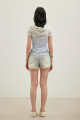 Faux two-layer striped spliced hooded short-sleeve shirt