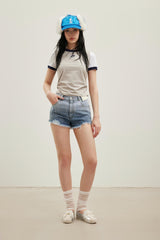 Gray-white faux two-layer logo embroidered short-sleeve top