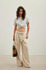 Light gray knot-hem striped short-sleeve top