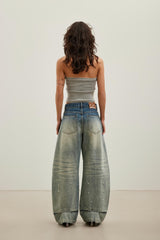 Blue Washed Pearl Rhinestone Curved-Leg Jeans