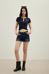 Embroidered Logo Elastic Waist Denim Shorts in Blue