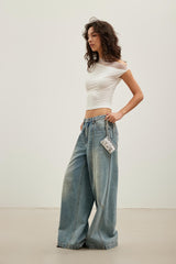 Back Rhinestone Wide-Leg Washed Jeans