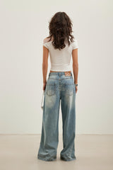 Back Rhinestone Wide-Leg Washed Jeans