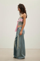 Pink Stripe Tie-Front Knot Grey Bandeau Top