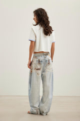 Knit spliced striped asymmetric placket shirt