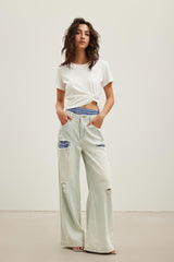 Plaid Patchwork Double-Waist Distressed Blue Jeans