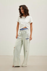 Plaid Patchwork Double-Waist Distressed Blue Jeans