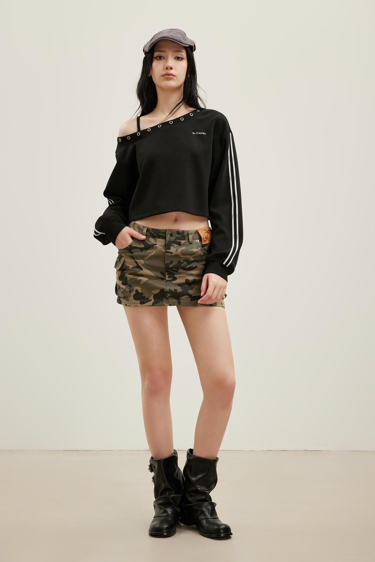 LOGO Embroidered Asymmetric One-Shoulder Top