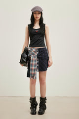 Asymmetric Plaid Patchwork Tie-Front Knot Miniskirt