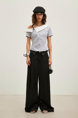 Asymmetric spliced striped off-shoulder short-sleeve top