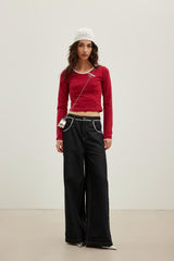 Burgundy Color-Block Diagonal Zipper Long Sleeve Top
